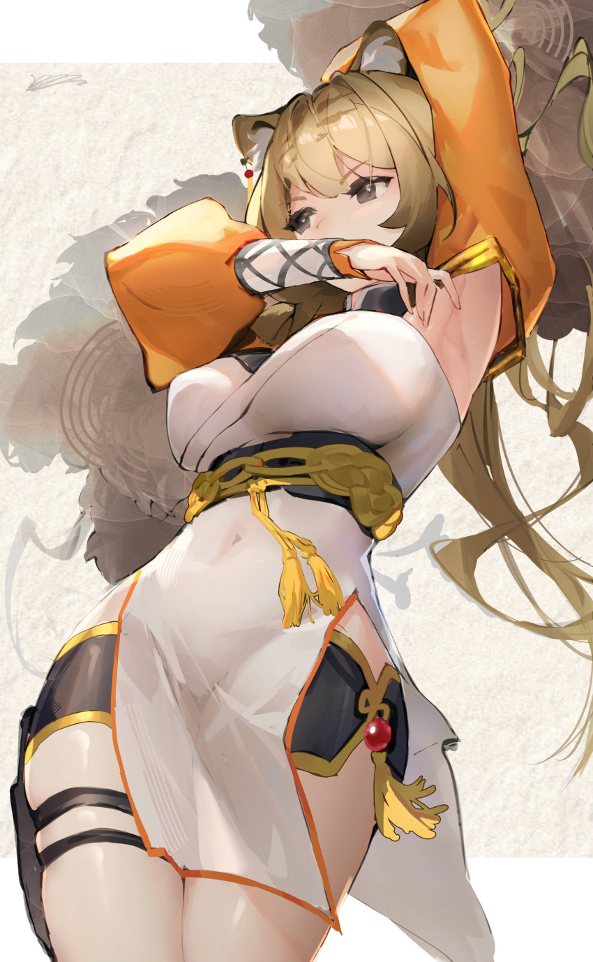 1girl absurdres animal_ear_fluff animal_ears arknights arm_up armpits bangs black_shorts breasts brown_eyes brown_hair cat_ears commentary_request covering_mouth cowboy_shot detached_sleeves dress du_(arknights) eyebrows_visible_through_hair highres kioroshin large_breasts long_hair long_sleeves looking_away puffy_sleeves sash short_shorts shorts solo standing thigh_strap white_dress