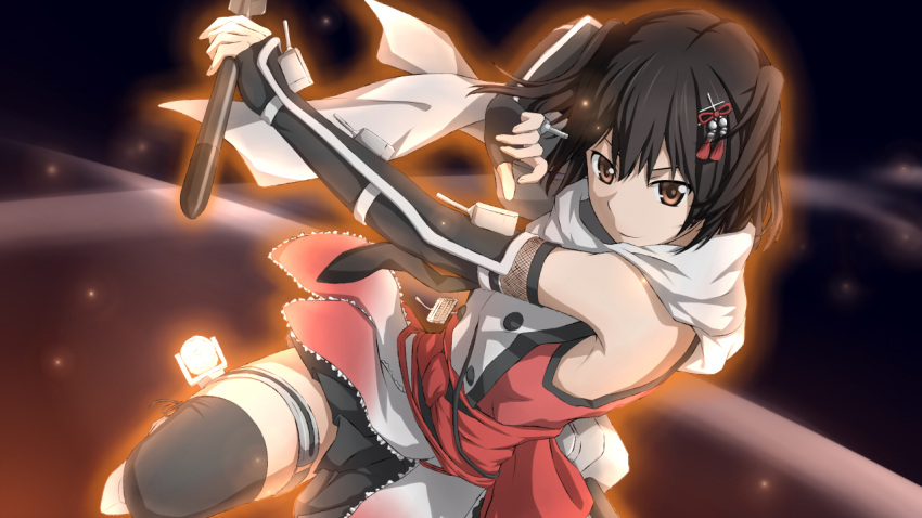 1girl armpits bangs bare_shoulders black_background black_gloves black_hair black_legwear black_skirt brown_eyes buttons closed_mouth commentary curled_fingers double-breasted dress elbow_gloves fingerless_gloves fishnets floating_scarf gloves glowing hair_between_eyes hair_ornament holding holding_torpedo jumping kantai_collection looking_at_viewer pleated_skirt prbili red_dress scarf searchlight sendai_(kancolle) sendai_kai_ni_(kancolle) short_hair skirt smile solo tales_of_(series) tales_of_xillia tales_of_xillia_2 thigh-highs torpedo torpedo_launcher turret two_side_up white_scarf