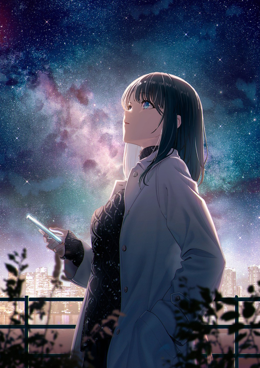 1girl bangs black_hair black_sweater blue_eyes blunt_bangs breasts city_lights coat collared_coat commentary cowboy_shot eyebrows_visible_through_hair fingernails hand_in_pocket highres holding holding_phone hyuuga_azuri jewelry long_sleeves looking_up medium_breasts medium_hair night open_clothes open_coat original outdoors parted_lips phone plant ring sky skyline sleeves_past_wrists solo standing star_(sky) starry_sky sweater symbol-only_commentary turtleneck turtleneck_sweater white_coat