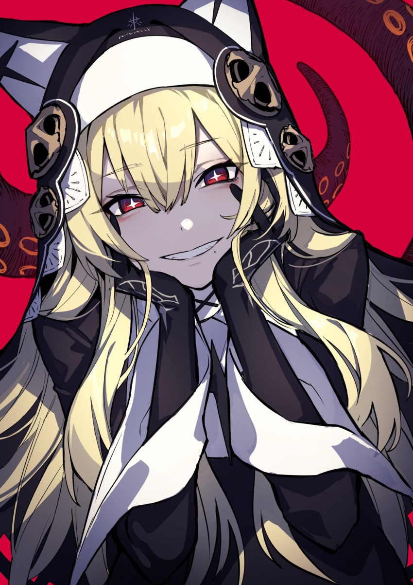 1girl animal_ears black_dress black_gloves blonde_hair breasts bright_pupils cross dress eyebrows_visible_through_hair eyelashes gloves hands_on_own_face highres large_breasts long_bangs long_hair long_sleeves looking_at_viewer mephist mole mole_under_mouth nun open_mouth original red_eyes shaded_face smile teeth tentacles white_pupils wide_sleeves x yandere_trance