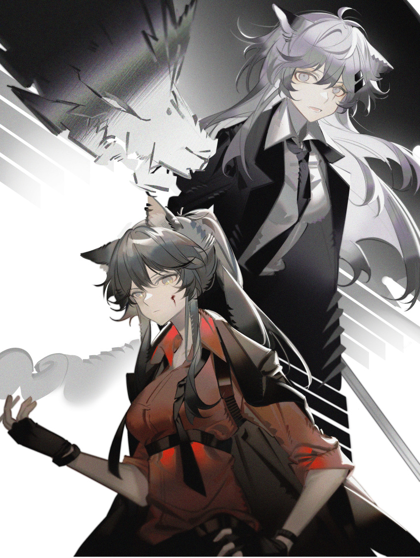 2girls absurdres animal_ears arknights black_gloves black_hair black_jacket black_necktie blood blood_on_face chinese_commentary closed_mouth collared_shirt commentary_request fingerless_gloves gloves grey_background grey_eyes hand_on_hip highres jacket jacket_on_shoulders lappland_(arknights) long_hair looking_at_viewer multiple_girls necktie official_alternate_costume parted_lips ponytail red_shirt rin_lingsong shirt silver_hair sleeves_rolled_up texas_(arknights) texas_(willpower)_(arknights) undone_necktie white_background white_shirt wolf_ears