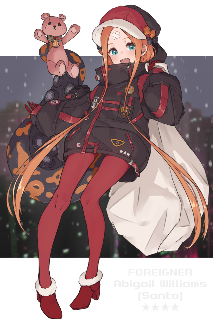1girl abigail_williams_(fate) absurdres bangs black_bow blonde_hair blue_eyes blush bow breasts character_name fate/grand_order fate_(series) forehead highres kopaka_(karda_nui) long_hair long_sleeves looking_at_viewer multiple_bows open_mouth orange_bow pantyhose parted_bangs smile very_long_hair