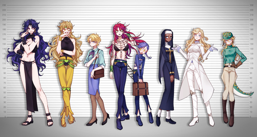 6+girls argyle argyle_sweater battle_tendency blonde_hair blue_eyes boots braid briefcase crotchless crotchless_pants curly_hair dark-skinned_female dark_skin diamond_wa_kudakenai diavolo diego_brando dinosaur_tail dio_brando earrings enrico_pucci formal funny_valentine green_eyes group_picture habit height_chart helmet highres jewelry jodhpurs jojo_no_kimyou_na_bouken kars_(jojo) kira_yoshikage leotard lineup loincloth mugshot multiple_girls nun pants pink_hair purple_hair red_eyes sandals scary_monsters_(stand) sempon_(doppio_note) skirt_suit sleeveless sleeveless_turtleneck stand_(jojo) stardust_crusaders steel_ball_run stone_ocean suit sweater tail turtleneck twin_braids vento_aureo vinegar_doppio violet_eyes white_hair yellow_eyes