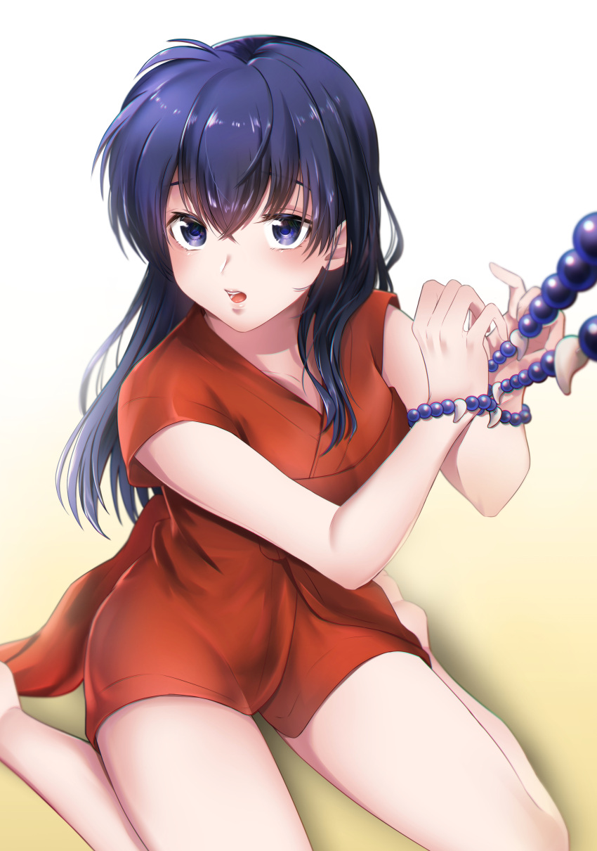 1girl absurdres bangs bare_arms bare_legs barefoot blue_eyes blue_hair bound bound_wrists collarbone from_above hair_between_eyes highres higurashi_kagome inuyasha japanese_clothes kimono long_hair open_mouth red_kimono shiny shiny_hair short_kimono sitting solo straight_hair tknw_hkr wariza white_background