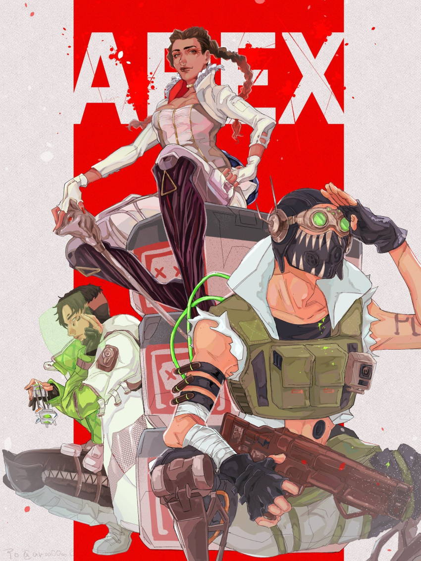 1girl 2boys apex_legends aro_(vexen) assault_rifle black_footwear black_gloves black_hair black_headwear boots braid breasts brown_eyes brown_hair cable collarbone corset cropped_vest crypto_(apex_legends) death_box_(apex_legends) energy_gun eyeshadow fingerless_gloves floating_hair gloves goggles gradient_hair green_vest grey_gloves gun havoc_energy_rifle highres holding holding_gun holding_staff holding_weapon holographic_interface jacket knee_boots loba_(apex_legends) makeup mask mechanical_legs medium_breasts mouth_mask multicolored_hair multiple_boys octane_(apex_legends) pants red_eyeshadow red_nails redhead rifle sitting smile staff twin_braids vest weapon white_gloves white_jacket white_pants