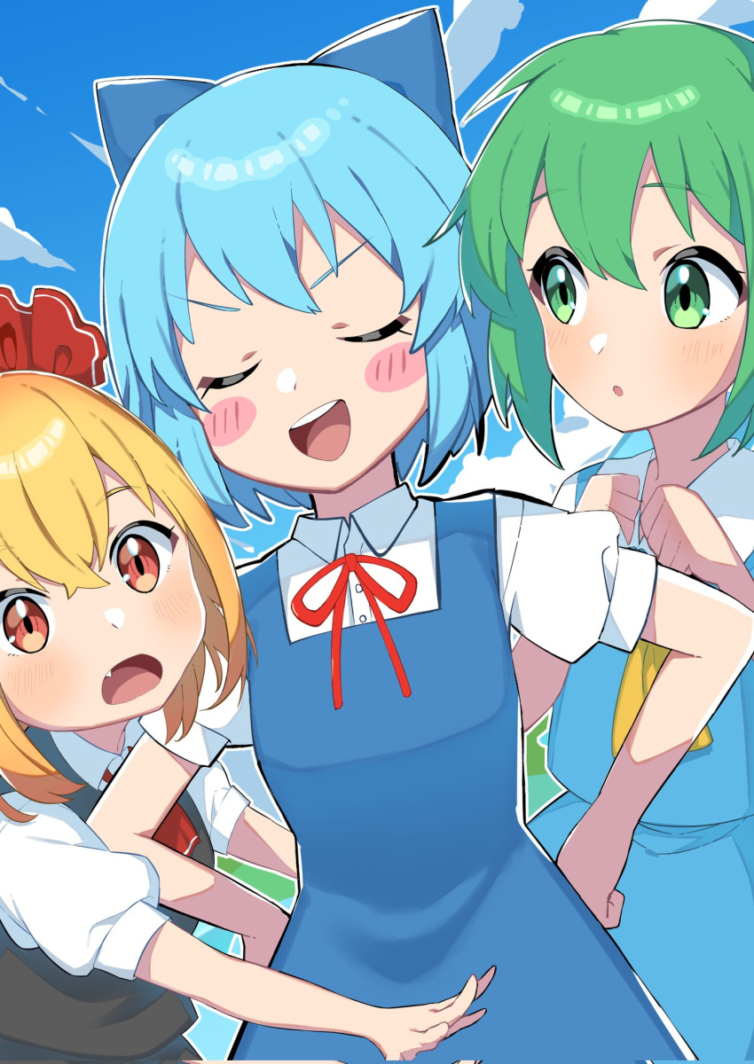 3girls :d :o ascot bangs blonde_hair blue_bow blue_dress blue_hair blue_sky blush blush_stickers bow buttons cirno clouds collared_shirt commentary_request daiyousei day dress eyelashes fairy_wings fang green_eyes hair_between_eyes hair_bow hair_ribbon hands_on_hips highres ice ice_wings looking_at_another miz_(mizillustration) multiple_girls neck_ribbon open_mouth pinafore_dress puffy_short_sleeves puffy_sleeves red_ascot red_eyes red_ribbon ribbon rumia shiny shiny_hair shirt short_hair short_sleeves sky smile smug standing teeth tongue touhou upper_body upper_teeth white_shirt wing_collar wings yellow_ascot