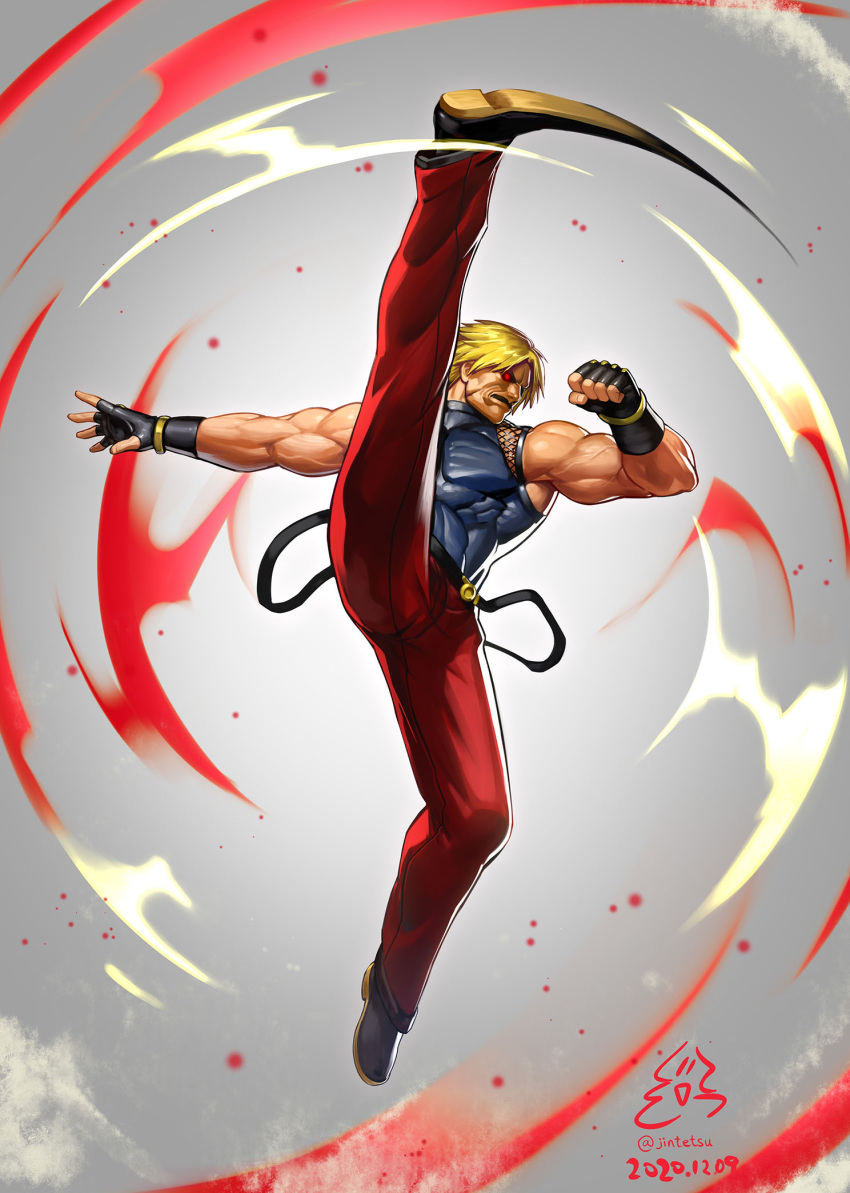 abs biceps black_footwear blonde_hair facial_hair genocide_cutter gloves high_kick highres jintetsu kicking large_pectorals leg_lift leg_up mature_male motion_blur muscular muscular_male mustache pants pectorals red_eyes red_pants rugal_bernstein shiny shiny_clothes skin_tight snk solo_focus split standing standing_on_one_leg standing_split suspenders the_king_of_fighters the_king_of_fighters_'94 toned toned_male