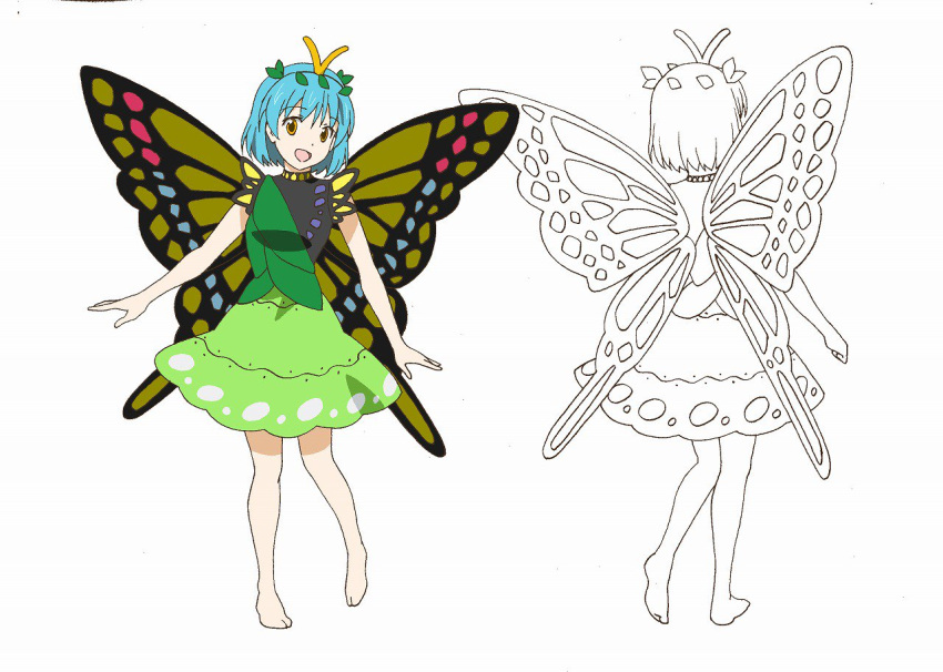 1girl antennae aqua_hair barefoot beluo77 butterfly_wings character_sheet dress eternity_larva eyebrows_visible_through_hair fairy full_body green_dress hair_between_eyes jaggy_lines leaf leaf_on_head multicolored_clothes multicolored_dress multiple_views open_mouth short_hair short_sleeves simple_background smile touhou white_background wings yellow_eyes
