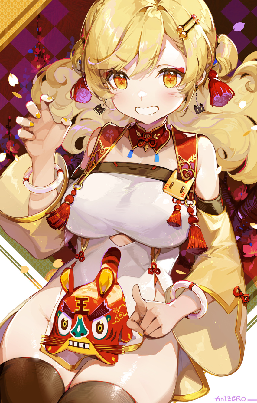 +_+ 1girl akizero1510 bangs blonde_hair blush bracelet breasts cat_earrings chinese_commentary commentary_request detached_collar detached_sleeves dress earrings eyebrows_visible_through_hair grin hair_ornament hair_tassel hairclip highres jewelry large_breasts long_hair long_sleeves looking_at_viewer nail_polish no_panties original signature sitting smile solo tassel thigh-highs v-shaped_eyebrows white_dress wide_sleeves yellow_eyes yellow_nails