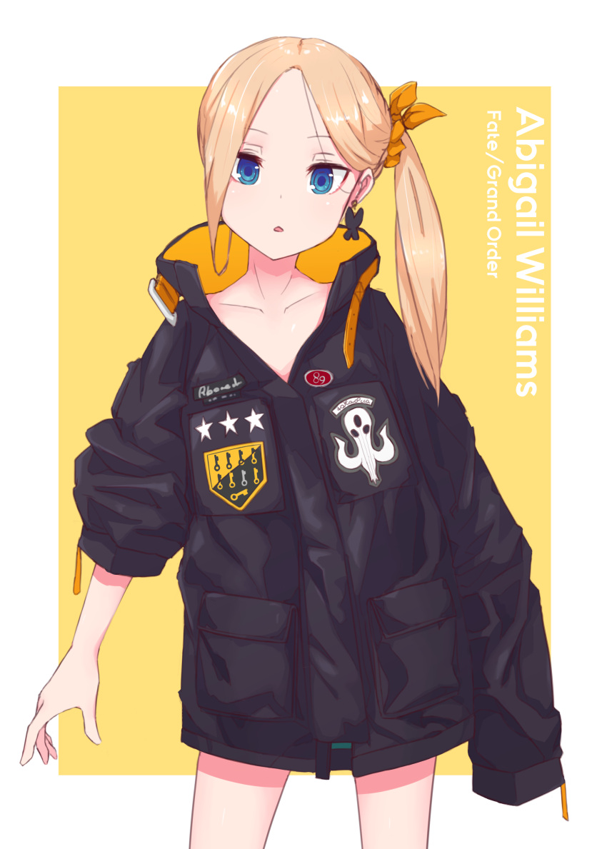 1girl abigail_williams_(fate) abigail_williams_(traveling_outfit)_(fate) absurdres bangs blonde_hair blue_eyes character_name coat collarbone copyright_name earrings fate/grand_order fate_(series) highres jewelry kopaka_(karda_nui) long_hair looking_at_viewer naked_coat parted_bangs parted_lips side_ponytail sleeves_past_wrists sleeves_rolled_up solo