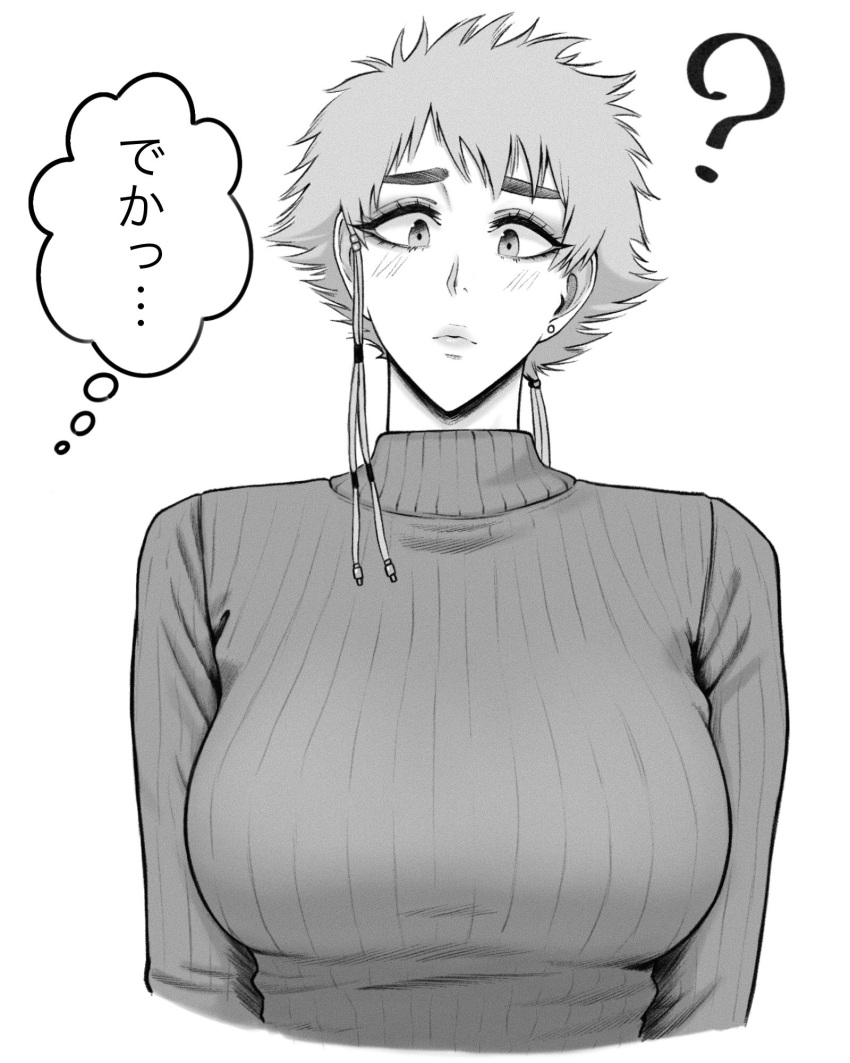 1girl ? asymmetrical_hair bleach blush braid breasts closed_mouth commentary cropped_torso ear_piercing eyelashes front_braid furrowed_brow greyscale highres hihizaru_badass kotetsu_isane large_breasts lips looking_at_viewer monochrome piercing ribbed_sweater short_hair simple_background solo spiky_hair sweater thick_eyebrows thought_bubble translated turtleneck turtleneck_sweater upper_body white_background