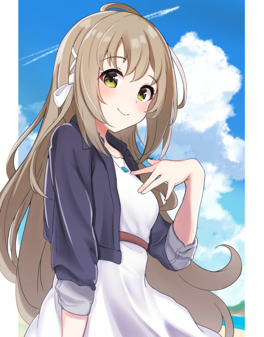 1girl blue_sky clouds contrail day dress hand_up highres jewelry kogetsu_azami long_hair looking_at_viewer miyazawa_fuuka necklace outdoors shiroi_suna_no_aquatope sky smile solo standing white_dress yellow_eyes
