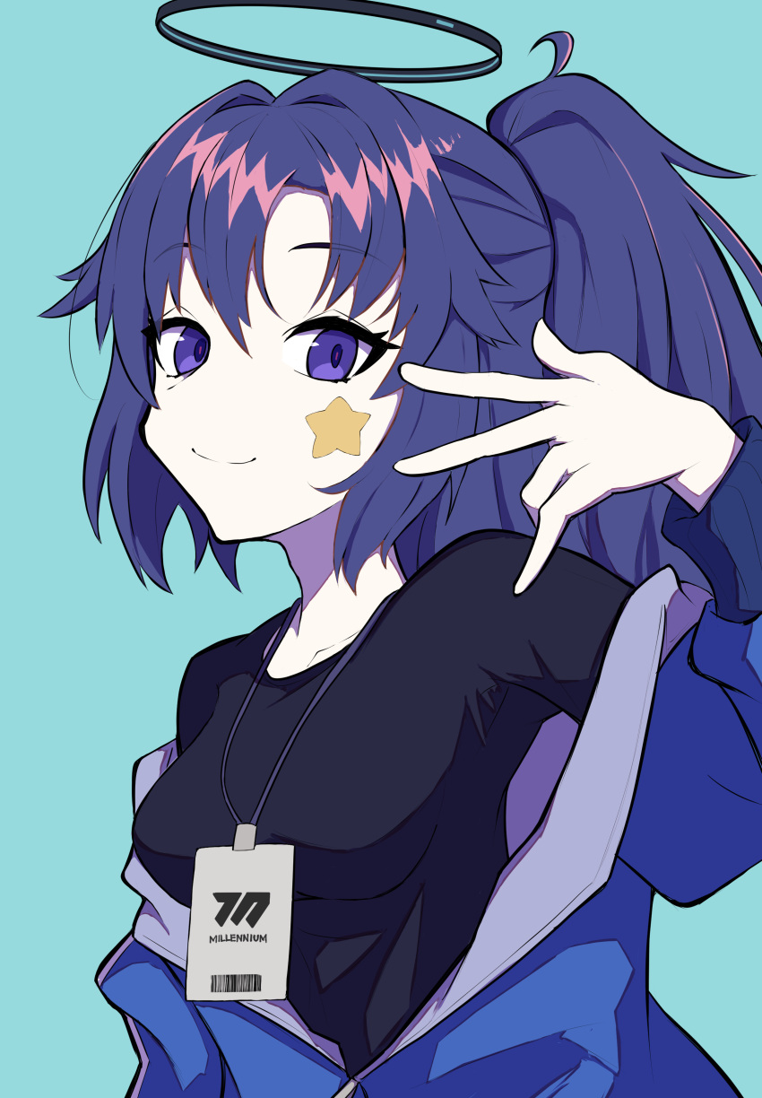 1girl absurdres ahogemgmg bangs black_shirt blue_archive blue_background blue_jacket breasts closed_mouth hair_intakes halo hand_up highres jacket lanyard long_hair long_sleeves looking_at_viewer medium_breasts off_shoulder partially_unzipped ponytail purple_hair shirt simple_background smile solo star_(symbol) sticker upper_body v violet_eyes yuuka_(blue_archive)