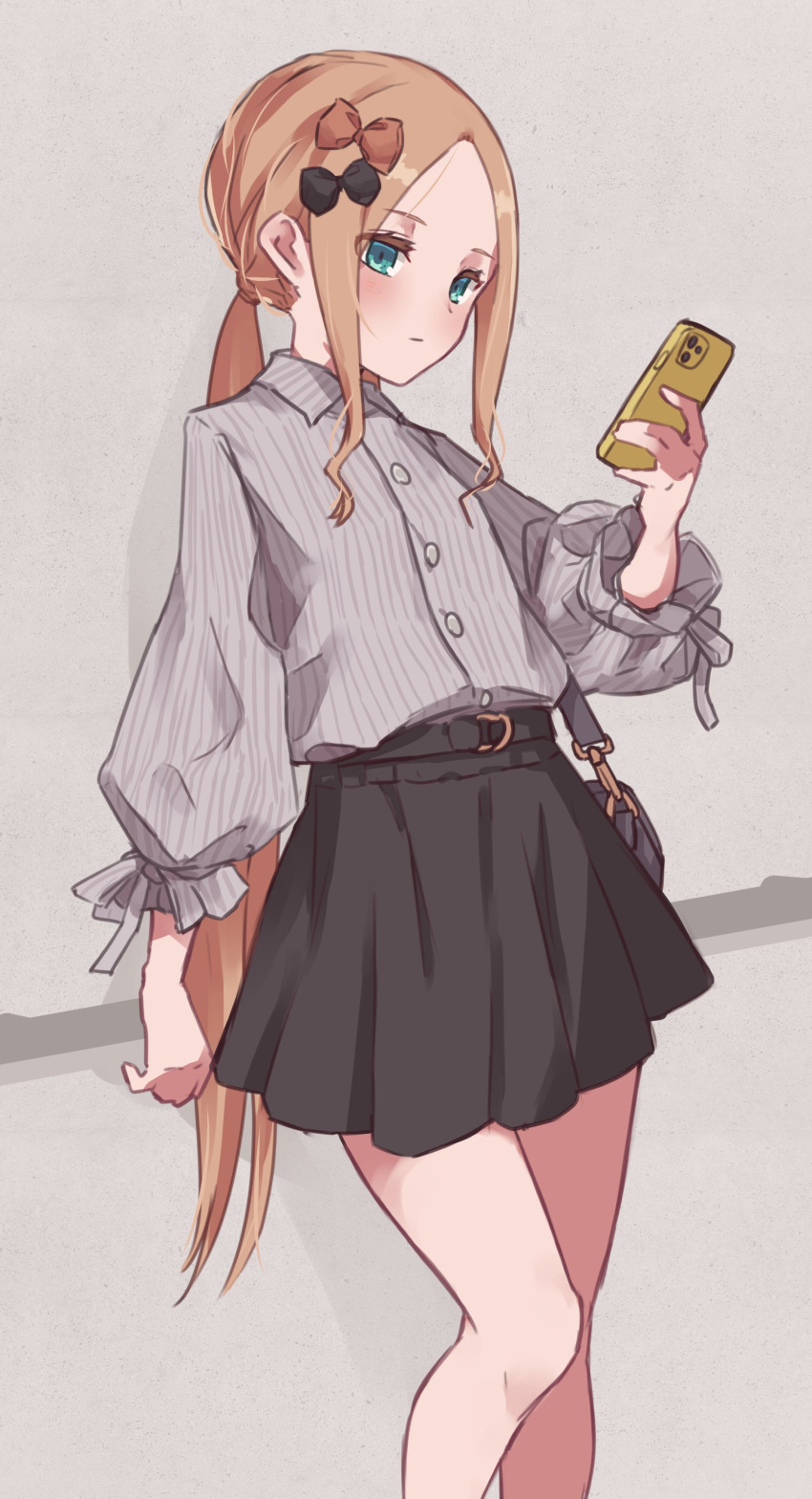 1girl abigail_williams_(fate) absurdres alternate_costume bangs black_bow black_skirt blonde_hair blue_eyes blush bow casual cellphone closed_mouth contemporary fate/grand_order fate_(series) grey_shirt hair_bow high-waist_skirt highres holding holding_phone kopaka_(karda_nui) leaning_back long_hair long_sleeves looking_at_viewer orange_bow parted_bangs phone pleated_skirt ponytail puffy_long_sleeves puffy_sleeves shirt sidelocks skirt smartphone solo standing striped striped_shirt very_long_hair