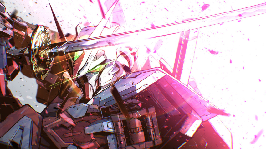 glowing glowing_eye green_eyes gundam gundam_astray_red_frame gundam_seed gundam_seed_astray highres holding holding_sword holding_weapon katana kuri_giepi looking_at_viewer mecha mobile_suit no_humans portrait science_fiction solo sword v-fin weapon white_background