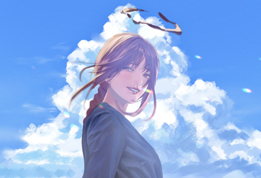 1girl black_dress blue_sky braid braided_ponytail breasts chainsaw_man clouds cloudy_sky commentary day dress english_commentary eyelashes from_side halo highres lips looking_at_viewer makima_(chainsaw_man) medium_breasts medium_hair outdoors parted_lips rainbow red_eyes sdf1313 sky smile solo teeth upper_body wind