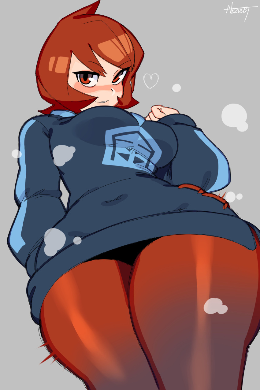 1girl absurdres arezu_(pokemon) bangs blush breasts closed_mouth gradient gradient_clothes gradient_legwear highres jacket long_sleeves looking_at_viewer nezulet pantyhose pokemon pokemon_(game) pokemon_legends:_arceus red_eyes redhead short_hair smile solo thick_thighs thigh_focus thighs