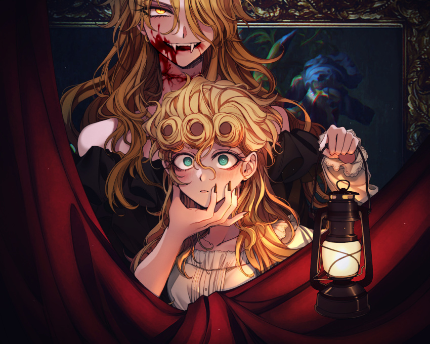 2girls aqua_eyes black_nails blonde_hair blood blood_on_face blush curtains dio_brando dress fangs genderswap genderswap_(mtf) giorno_giovanna grabbing_another's_chin hand_on_another's_chin highres holding holding_lantern jojo_no_kimyou_na_bouken lantern long_hair mother_and_daughter multiple_girls off-shoulder_dress off_shoulder painting_(object) red_eyes sempon_(doppio_note) vampire vento_aureo
