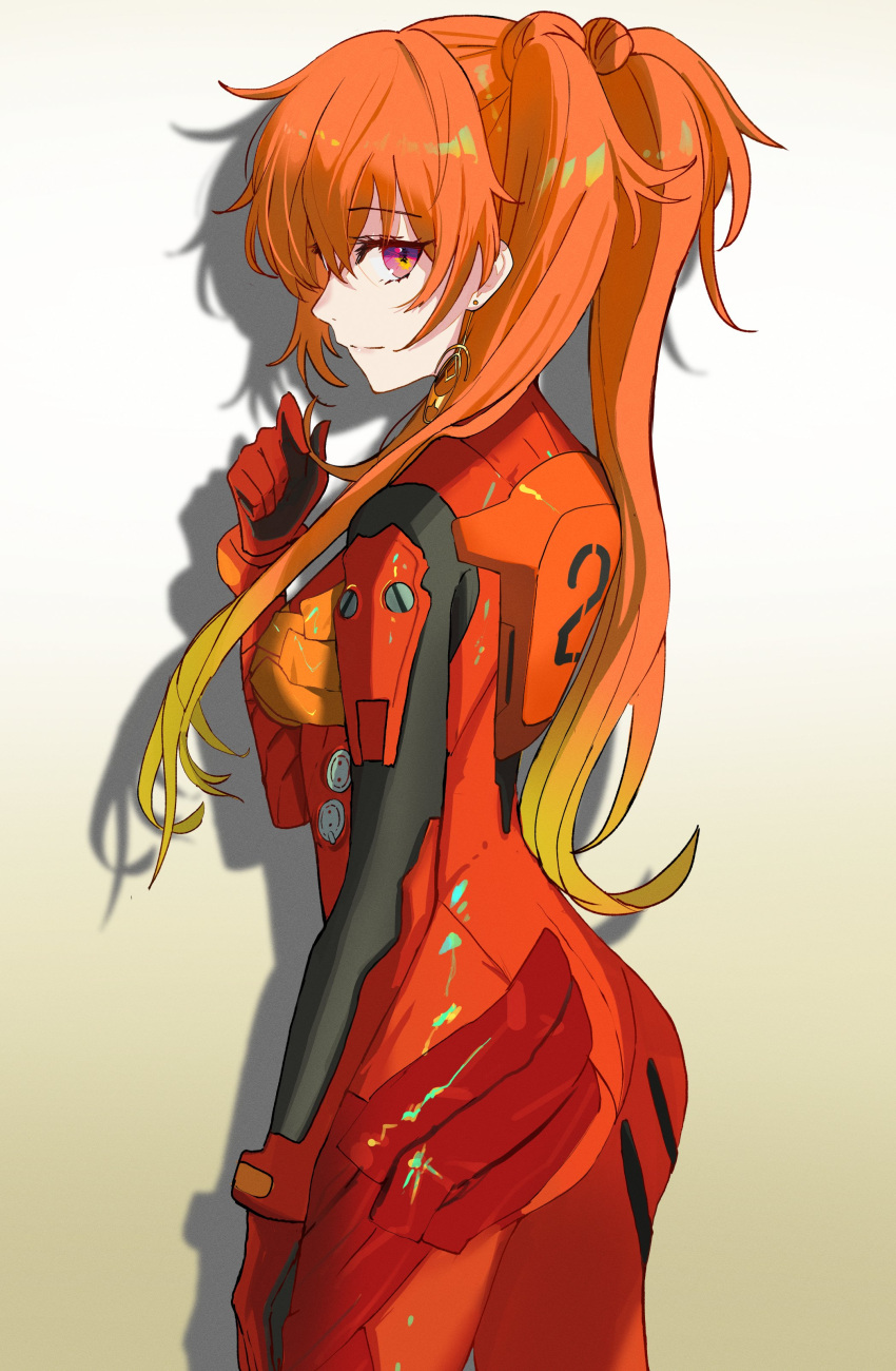 1girl absurdres ass bangs blonde_hair bodysuit cosplay earrings evangelion:_2.0_you_can_(not)_advance eyebrows_visible_through_hair from_side gradient_hair hair_between_eyes hair_twirling highres hololive hololive_english inapple jewelry light_smile long_hair looking_at_viewer multicolored_bodysuit multicolored_clothes multicolored_hair neon_genesis_evangelion orange_hair plugsuit quad_tails rebuild_of_evangelion red_bodysuit solo souryuu_asuka_langley souryuu_asuka_langley_(cosplay) takanashi_kiara very_long_hair violet_eyes virtual_youtuber
