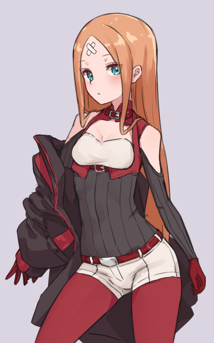 1girl abigail_williams_(fate) absurdres bandaid bandaid_on_forehead bangs bare_shoulders black_jacket black_shirt blonde_hair blue_eyes blush breasts cleavage_cutout clothing_cutout crossed_bandaids fate/grand_order fate_(series) forehead highres jacket kopaka_(karda_nui) long_hair long_sleeves looking_at_viewer off_shoulder open_clothes open_jacket pantyhose parted_bangs red_legwear ribbed_shirt shirt short_shorts shorts small_breasts solo white_shorts