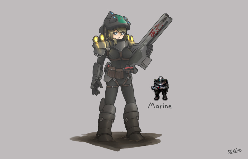 1girl artist_name belt blonde_hair blue_eyes boots breasts de.calvin full_body gloves gradient grey_background gun hat helmet holding large_breasts looking_at_viewer marine_(starsector) medium_breasts pouch short_hair smile solo standing starsector weapon
