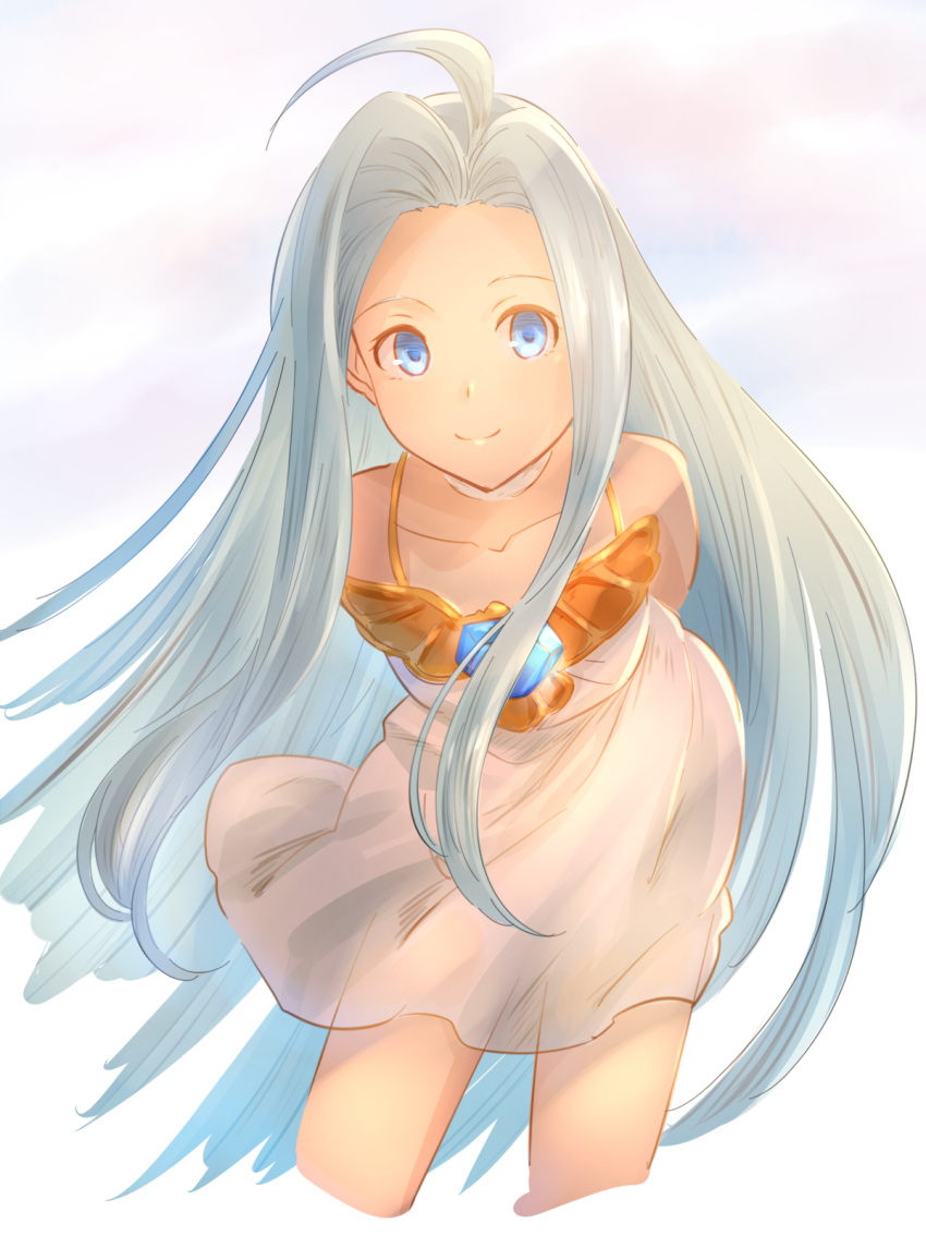 1girl ahoge arms_behind_back blue_eyes blue_hair closed_mouth collarbone cropped_legs dress floating_hair granblue_fantasy hair_intakes highres leaning_forward long_hair looking_at_viewer lyria_(granblue_fantasy) pochi-a shiny shiny_hair short_dress sleeveless sleeveless_dress smile solo very_long_hair white_dress