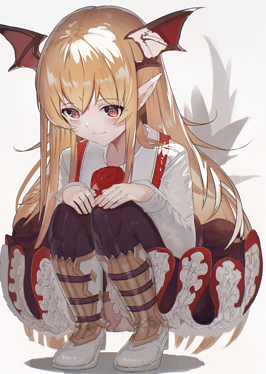 1girl absurdres bat_wings blonde_hair bright_pupils brown_legwear closed_mouth dress fang flower frilled_dress frills grey_background hair_between_eyes hand_on_own_knee head_wings highres long_hair pink_eyes pointy_ears red_flower red_rose rose ryes_8 shingeki_no_bahamut simple_background smile solo squatting tail thigh-highs vampire vampy white_footwear white_pupils wings