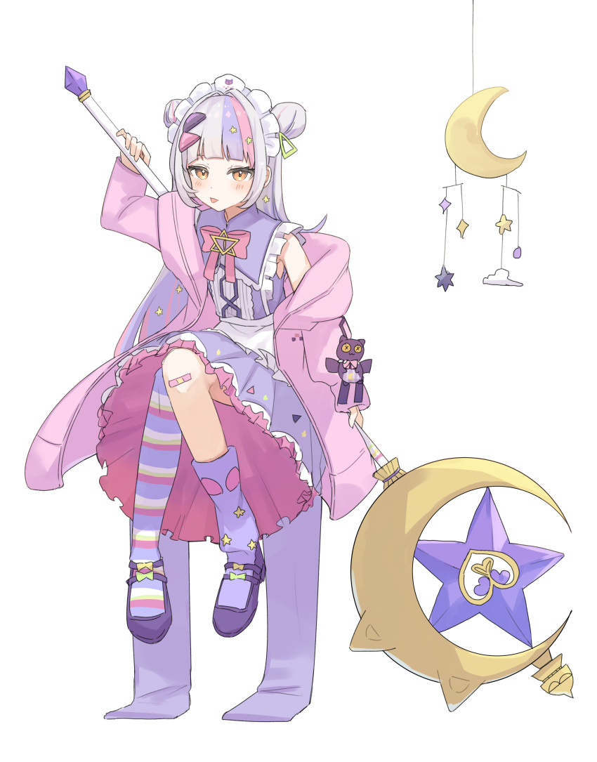 1girl absurdres asymmetrical_legwear buttons commentary_request crescent_moon double-breasted dress full_body grey_hair hair_ornament hairclip highres holding holding_staff hololive jacket long_hair long_sleeves looking_at_viewer loose_socks mary_janes mobile moon multicolored_hair murasaki_shion off_shoulder oisiimizu orange_eyes pink_hair pink_jacket purple_dress purple_footwear purple_hair purple_legwear shoes simple_background single_thighhigh sleeveless sleeveless_dress solo staff star_(symbol) star_hair_ornament streaked_hair striped striped_legwear thigh-highs tongue tongue_out virtual_youtuber white_background