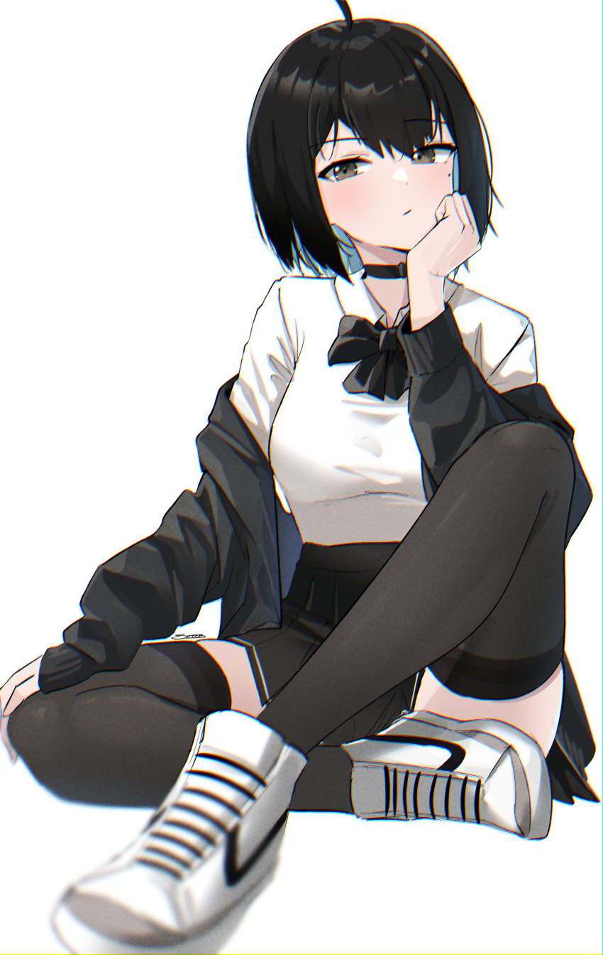 1girl absurdres ahoge black_choker black_eyes black_hair black_jacket black_legwear black_skirt bow bowtie breasts choker closed_mouth colored_inner_hair commission hand_up highres irene_(kanniiepan) jacket knee_up long_sleeves looking_at_viewer medium_breasts miniskirt multicolored_hair off_shoulder open_clothes open_jacket original raised_eyebrow shirt shirt_tucked_in shoes short_hair simple_background sitting skirt sneakers solo steeb thigh-highs white_background white_footwear white_shirt