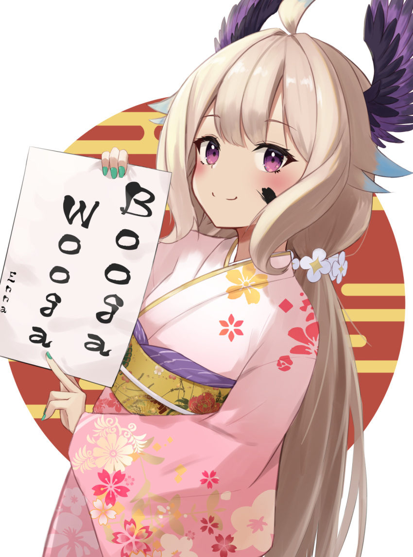 1girl ahoge bangs blonde_hair blush commentary english_commentary english_text enna_alouette floral_print flower green_nails hair_flower hair_ornament head_wings highres holding holding_paper ink ink_on_face japanese_clothes kimono long_hair looking_at_viewer nail_polish new_year nijisanji nijisanji_en obi paper pink_kimono print_kimono purple_wings sash smile solo takechi49 violet_eyes virtual_youtuber white_flower wings
