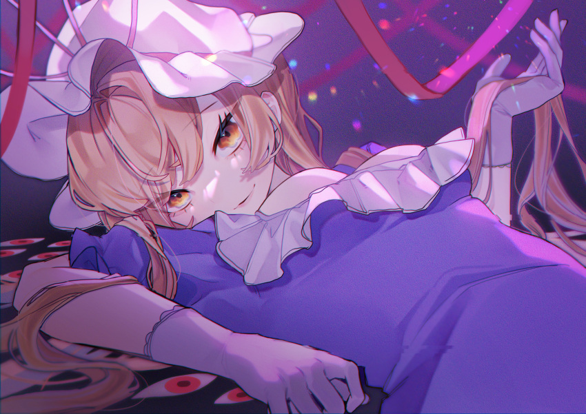 1girl absurdres bangs black_background blonde_hair bow breasts closed_mouth commentary_request dress eyebrows_visible_through_hair eyes_visible_through_hair gap_(touhou) gloves gradient gradient_background grey_gloves hair_between_eyes hand_up hat hat_bow highres kappa_mame long_hair looking_at_viewer lying medium_breasts mob_cap on_back pink_bow puffy_short_sleeves puffy_sleeves purple_background purple_dress red_eyes short_sleeves smile solo tape touhou white_headwear yakumo_yukari yellow_eyes