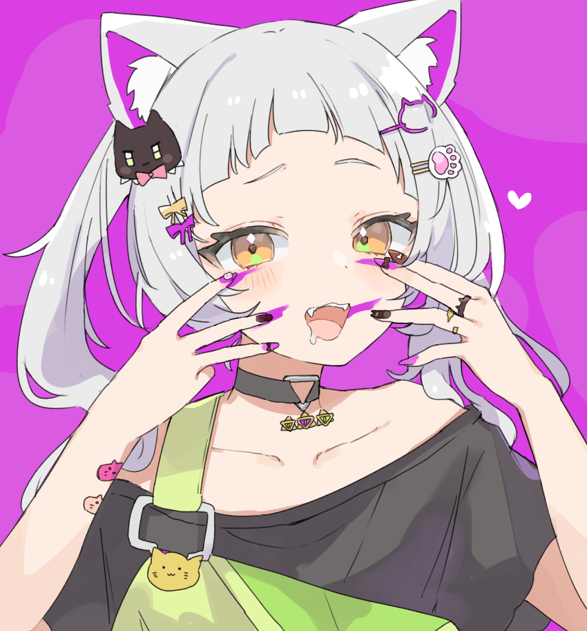 1girl absurdres animal_(vocaloid) animal_ear_fluff animal_ears bandaid bandaid_on_arm bangs bare_arms bare_shoulders black_choker black_shirt bow brown_nails cat_ears cat_hair_ornament choker collarbone commentary_request facepaint fangs grey_hair hair_bow hair_ornament highres hololive jewelry long_hair looking_at_viewer murasaki_shion off-shoulder_shirt off_shoulder oisiimizu open_mouth orange_eyes paw_hair_ornament pink_nails purple_background ring saliva shirt solo twintails upper_body virtual_youtuber