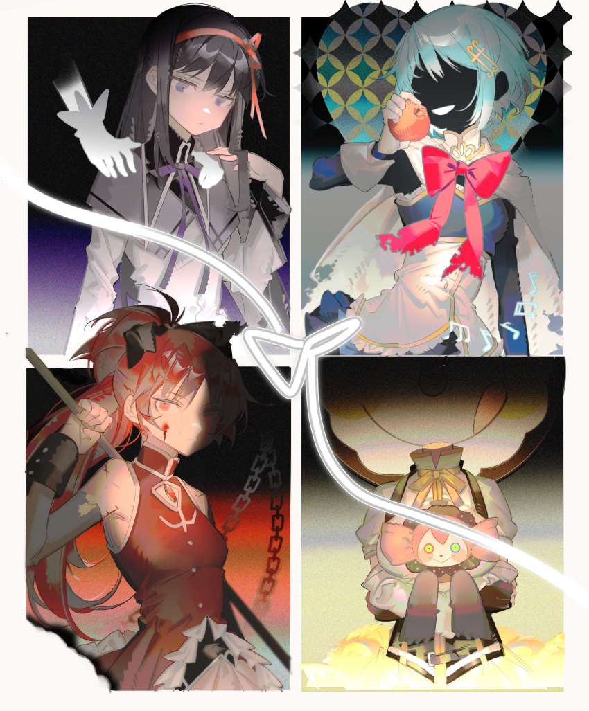 5girls absurdres akemi_homura apple black_background black_capelet black_hair black_ribbon black_skin blood blood_on_face blue_dress blue_eyes blue_hair blue_sleeves bow bowtie burnt cape capelet chain charlotte_(madoka_magica) closed_mouth colored_skin commentary detached_sleeves dress eighth_note english_commentary food fortissimo fortissimo_hair_ornament fruit gloves grey_sleeves hair_ornament hair_ribbon hairband hand_up hands_on_another's_shoulders headless highres holding holding_food holding_fruit kaname_madoka long_hair long_sleeves looking_at_viewer mahou_shoujo_madoka_magica miki_sayaka multiple_girls musical_note neck_ribbon oktavia_von_seckendorff open_mouth parted_lips ponytail purple_ribbon red_bow red_bowtie red_dress red_eyes red_hairband redhead ribbon rin_lingsong sakura_kyouko scar scar_on_arm shirt short_hair sixteenth_note skirt smile spoilers strapless strapless_dress tomoe_mami torn_clothes violet_eyes white_background white_cape white_gloves white_shirt yellow_ribbon yellow_skirt