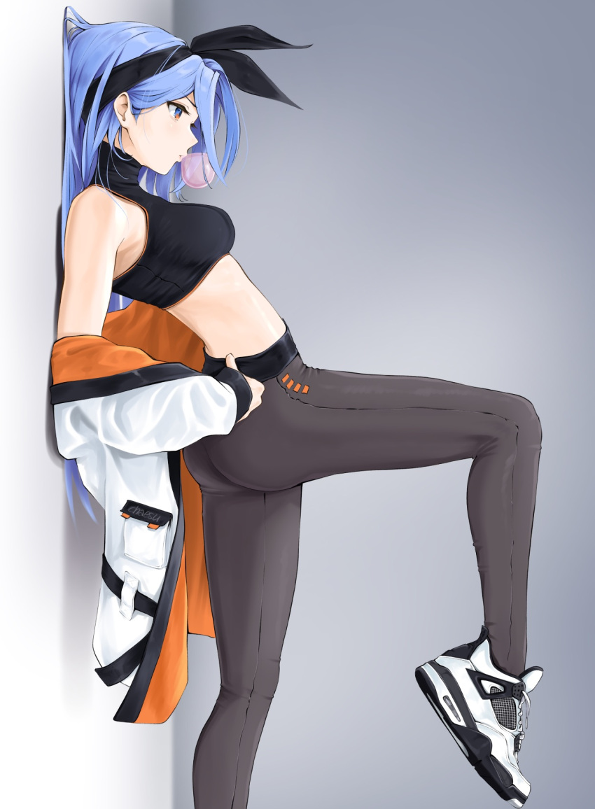 1girl bare_shoulders black_hairband black_pants black_shirt blue_eyes blue_hair breasts chaesu commentary crop_top from_side hairband highres jacket large_breasts leggings long_hair long_sleeves midriff minah_(chaesu) off_shoulder original pants profile shirt shoes sleeveless sleeveless_shirt sneakers solo stomach thighs very_long_hair