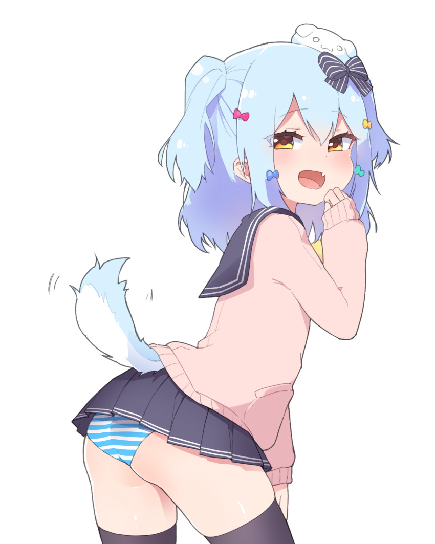 13o 1boy :d ass blue_hair bow crossdressing dog_boy dog_hair_ornament dog_tail double_horizontal_stripe gradient_eyes hair_ornament highres inuyama_tamaki looking_at_viewer multicolored_eyes noripro panties paw_pose smile striped striped_bow striped_panties tail thigh-highs thighs underwear virtual_youtuber yellow_bow