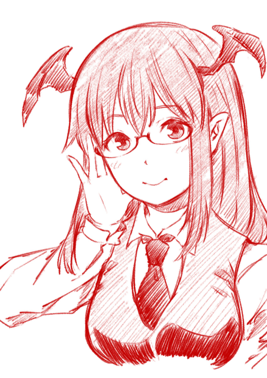 1girl adjusting_eyewear bespectacled blush breasts closed_mouth cropped_torso eyebrows_visible_through_hair glasses hand_up head_wings highres koakuma light_smile long_hair long_sleeves looking_at_viewer medium_breasts monochrome necktie pointy_ears semi-rimless_eyewear sen_(daydream_53) sidelocks simple_background solo touhou upper_body vest white_background wing_collar