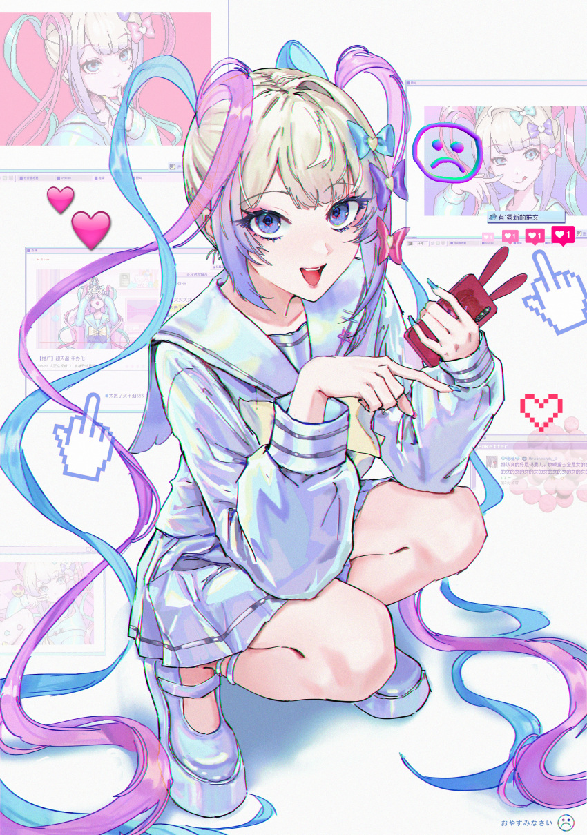 1girl absurdres blue_eyes blue_hair bow bowtie cellphone chouzetsusaikawa_tenshi-chan cursor full_body gradient_hair hair_bow heart highres holding holding_phone holographic_clothing long_hair looking_at_viewer multicolored_hair multicolored_nails multiple_hair_bows needy_girl_overdose open_mouth phone pink_hair platform_footwear pleated_skirt purple_z sailor_collar school_uniform serafuku silver_hair skirt smartphone smile solo squatting very_long_hair window_(computing)