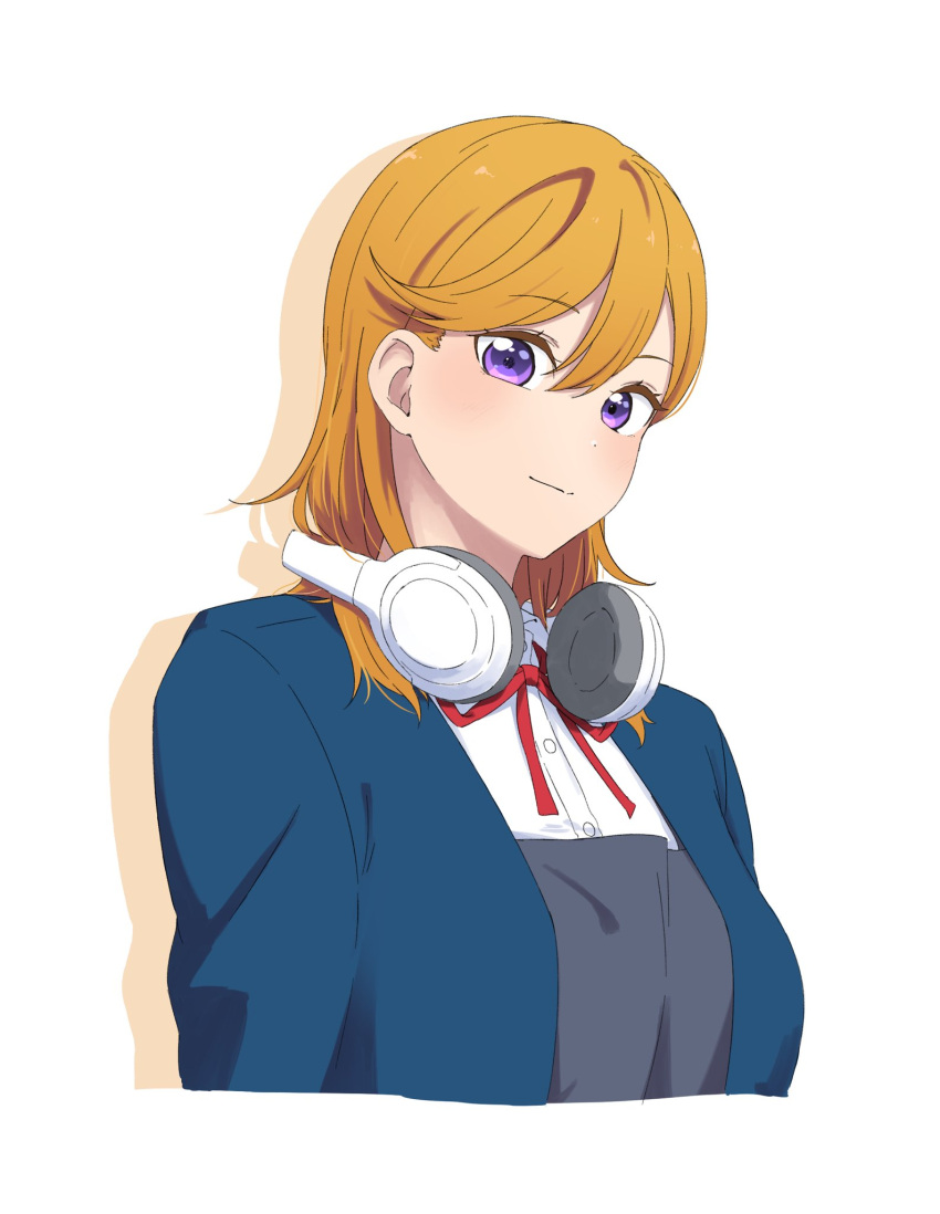 1girl bangs blonde_hair blue_jacket closed_mouth cropped_torso dress_shirt eyebrows_visible_through_hair hair_between_eyes headphones headphones_around_neck highres jacket long_hair looking_at_viewer love_live! love_live!_superstar!! neck_ribbon open_clothes open_jacket red_ribbon ribbon s_sho_mkrn school_uniform shibuya_kanon shiny shiny_hair shirt simple_background smile solo straight_hair upper_body violet_eyes white_background white_shirt yuigaoka_school_uniform