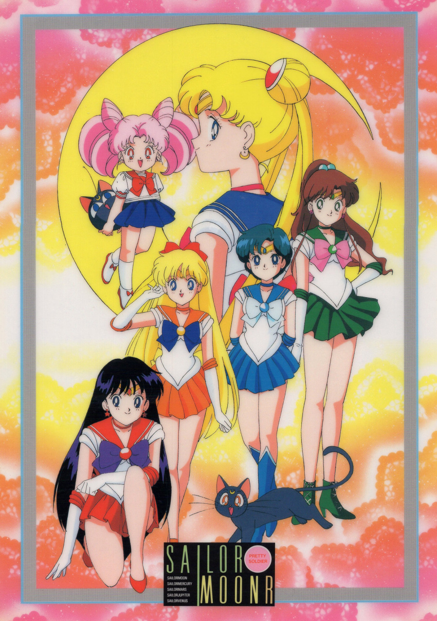 1990s_(style) aino_minako back_bow bangs bishoujo_senshi_sailor_moon black_eyes black_hair blonde_hair blue_eyes blue_hair blue_skirt boots bow brown_hair cat character_name chibi_usa choker copyright_name double_bun elbow_gloves framed gloves green_eyes green_skirt hair_bobbles hair_bow hair_ornament high_heels high_ponytail highres hino_rei kino_makoto knee_boots leotard long_hair looking_at_viewer luna_(sailor_moon) magical_girl miniskirt mizuno_ami non-web_source official_art open_mouth orange_skirt pink_hair pleated_skirt profile red_eyes red_skirt retro_artstyle sailor_jupiter sailor_mars sailor_mercury sailor_moon sailor_senshi sailor_venus scan school_uniform short_hair short_sleeves skirt smile squatting standing tsukino_usagi twintails very_long_hair