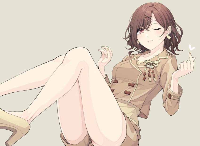 1girl ae_iueo bangs bare_legs beige_background beige_jacket beige_shorts brown_hair commentary_request earrings hair_ornament hairclip heart high_heels highres higuchi_madoka idolmaster idolmaster_shiny_colors jewelry long_sleeves looking_at_viewer mole mole_under_eye nail_polish one_eye_closed short_hair short_shorts shorts solo swept_bangs violet_eyes yellow_nails