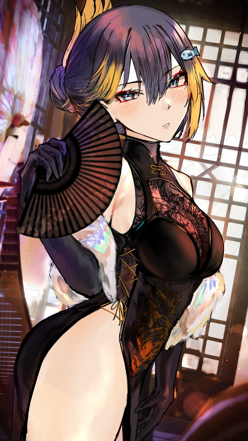 1girl absurdres alternate_costume ass bangs black_dress black_gloves black_hair blue_eyes blush breasts china_dress chinese_clothes dress eyeshadow fish_hair_ornament from_side gloves hair_ornament hand_fan head_tilt highres holding holding_fan makeup medium_breasts multicolored_hair naokomama nijisanji nijisanji_en orange_hair parted_lips penguin_tail petra_gurin red_eyeshadow short_hair solo streaked_hair tail thick_thighs thighs