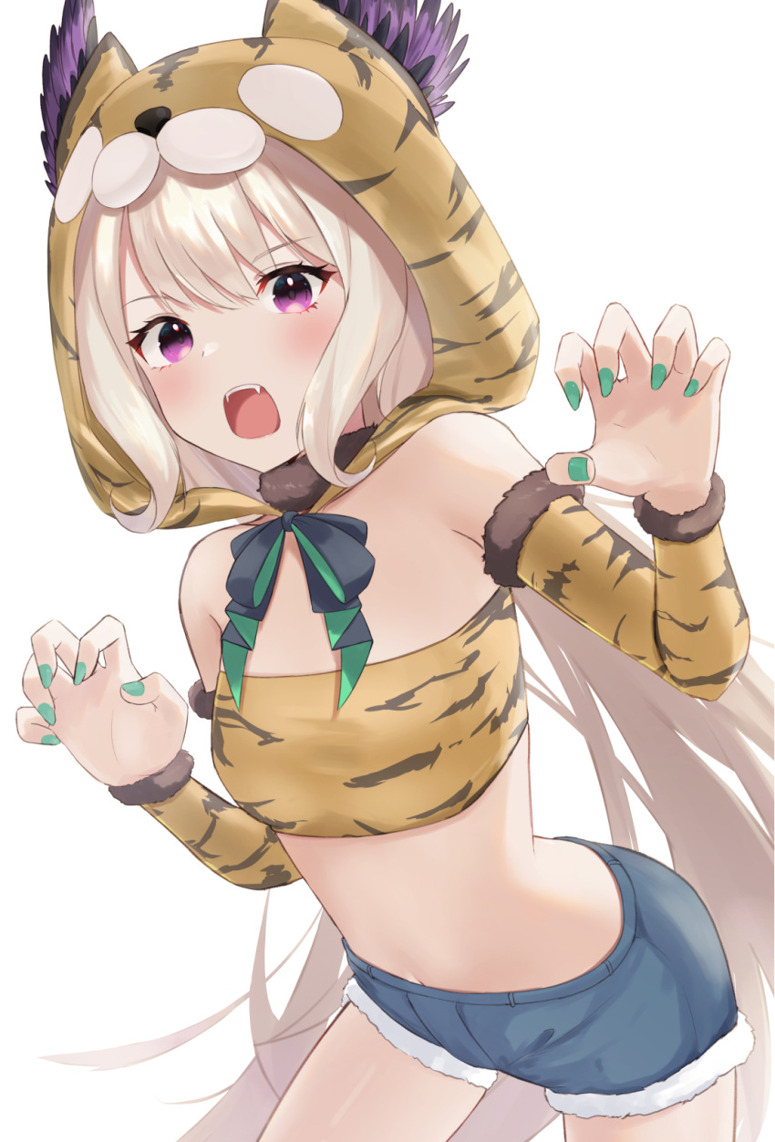 1girl animal_hood animal_print blonde_hair blue_shorts blush breasts claw_pose commentary_request detached_sleeves duplicate enna_alouette fangs green_nails head_wings highres hood hood_up leaning_forward long_hair long_sleeves midriff nail_polish navel nijisanji nijisanji_en pixel-perfect_duplicate shorts simple_background small_breasts solo stomach strapless takechi49 tiger_hood tiger_print tube_top very_long_hair violet_eyes virtual_youtuber white_background