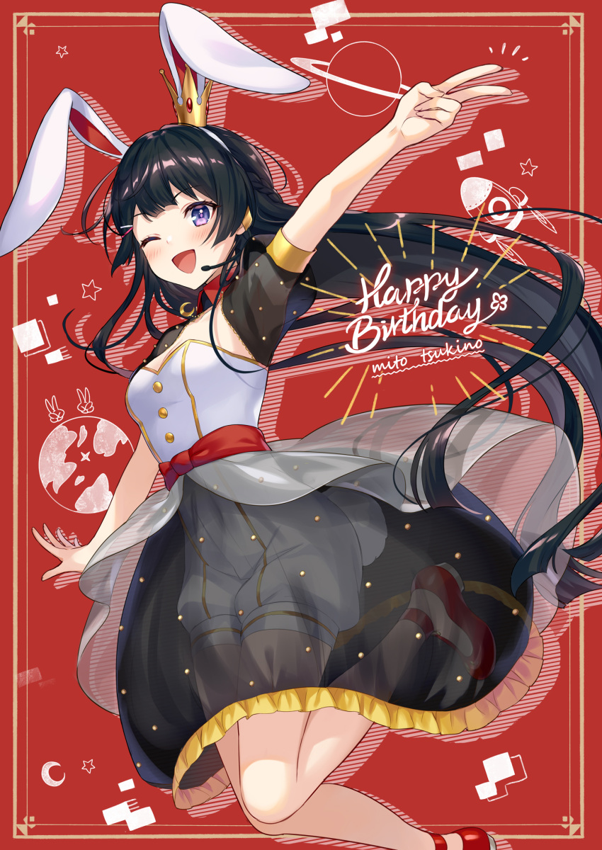 1girl ;d animal_ears black_hair black_skirt blue_eyes blush character_name crown floating_hair framed frilled_skirt frills hairband headset highres iku2727 long_hair medium_skirt microphone mini_crown nijisanji one_eye_closed open_mouth outstretched_arms rabbit_ears red_background red_footwear see-through see-through_sleeves shadow shiny shiny_hair short_shorts short_sleeves shorts skirt smile solo tsukino_mito v very_long_hair virtual_youtuber white_hairband white_shorts wing_collar