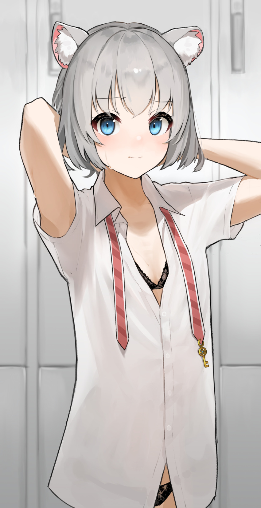 1girl absurdres animal_ear_fluff animal_ears arms_behind_head bangs black_bra black_panties blue_eyes bra closed_mouth collared_shirt commentary_request commission dress_shirt eyebrows_visible_through_hair grey_hair hands_up highres hoshimi_(virtuareal) locker nijisanji panties pixiv_request shirt short_sleeves solo standing sweat takita_(takita3411) underwear virtuareal white_shirt