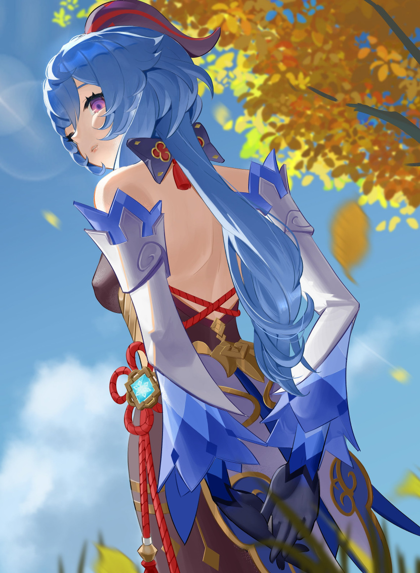 001122jem absurdres arms_behind_back back backless_outfit black_legwear blue_gloves blue_hair blue_sky blush bow breasts chinese_knot covered_nipples detached_sleeves flower_knot from_behind ganyu_(genshin_impact) genshin_impact gloves gold_trim highres horns leaf light_smile long_hair looking_at_viewer low_ponytail medium_breasts outdoors red_rope rope sky solo standing tassel thighlet tree violet_eyes vision_(genshin_impact) waist_cape white_sleeves