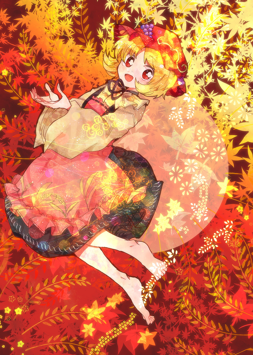 1girl aki_minoriko apron autumn_leaves barefoot black_skirt blonde_hair eyebrows_visible_through_hair food fruit fruit_hat_ornament grape_hat_ornament grapes hat hat_ornament highres itomugi-kun leaf long_sleeves maple_leaf mob_cap open_mouth red_apron red_eyes red_headwear shirt short_hair skirt smile solo touhou wide_sleeves yellow_shirt