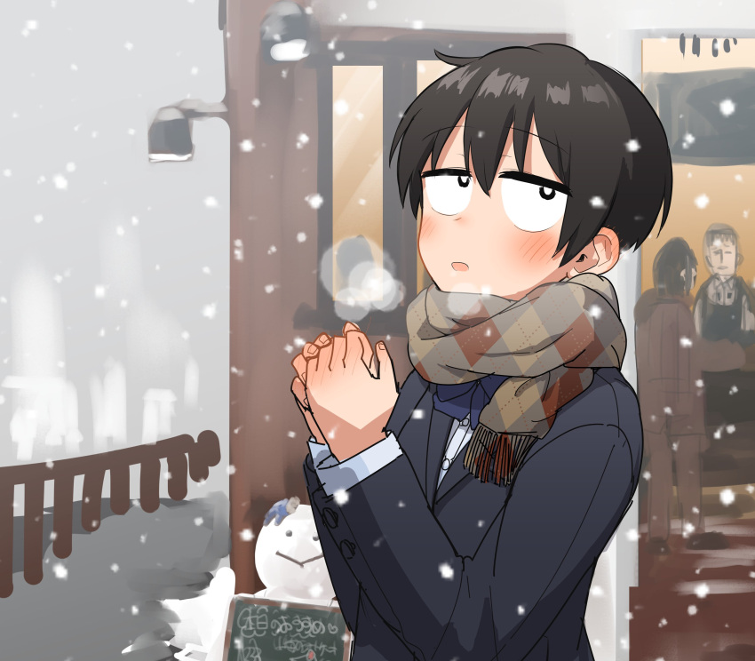1girl absurdres bangs black_eyes black_hair black_jacket blue_bow blue_ribbon blush bow bowtie breath bright_pupils cold fence highres jacket jitome kaju_4 looking_up original outdoors own_hands_together parted_lips plaid plaid_scarf ribbon scarf school_uniform shirt short_hair snow snowman symbol-only_commentary upper_body white_pupils white_shirt winter