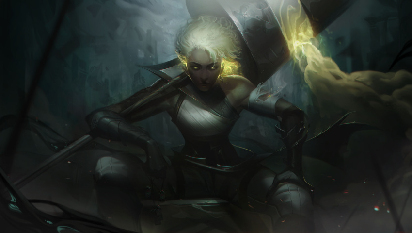 1girl absurdres bangs bare_shoulders black_gloves black_pants breasts closed_mouth dark-skinned_female dark_skin earrings elbow_gloves english_commentary gloves glowing glowing_eyes grey_hair highres holding holding_polearm holding_weapon jewelry lance league_of_legends legs_apart looking_at_viewer medium_breasts pants polearm rell_(league_of_legends) sentinel_(league_of_legends) short_hair sitting solo vincent_t_(oriaarts) weapon