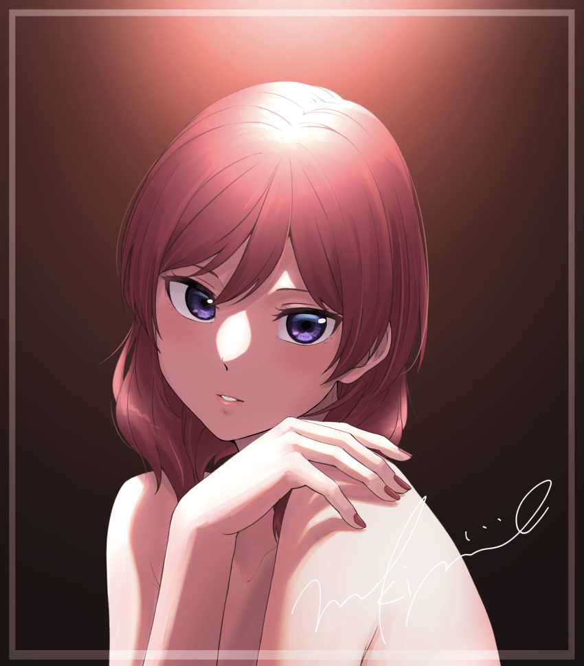 1girl absurdres bangs brown_background collarbone framed hair_between_eyes highres long_hair looking_at_viewer love_live! love_live!_school_idol_project nail_polish nishikino_maki nude parted_lips red_nails redhead s_sho_mkrn solo straight_hair upper_body violet_eyes