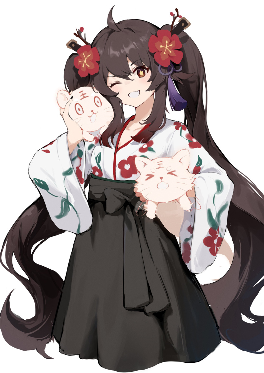 &gt;_&lt; 1girl ;d absurdres ahoge alternate_costume bangs black_bow black_nails black_skirt blush bow breasts brown_hair chinese_clothes chinese_zodiac collarbone commentary_request cropped_legs fang floral_print flower flower-shaped_pupils genshin_impact ghost hair_flower hair_ornament hair_tie highres hitodama holding hu_tao_(genshin_impact) long_hair long_sleeves looking_at_viewer natsuichi-sama no_hat no_headwear one_eye_closed plum_blossoms print_sleeves red_eyes shiny shiny_hair sidelocks simple_background skin_fang skirt skirt_bow small_breasts smile solo standing symbol-shaped_pupils tassel teeth twig two_side_up very_long_hair white_background wide_sleeves year_of_the_tiger